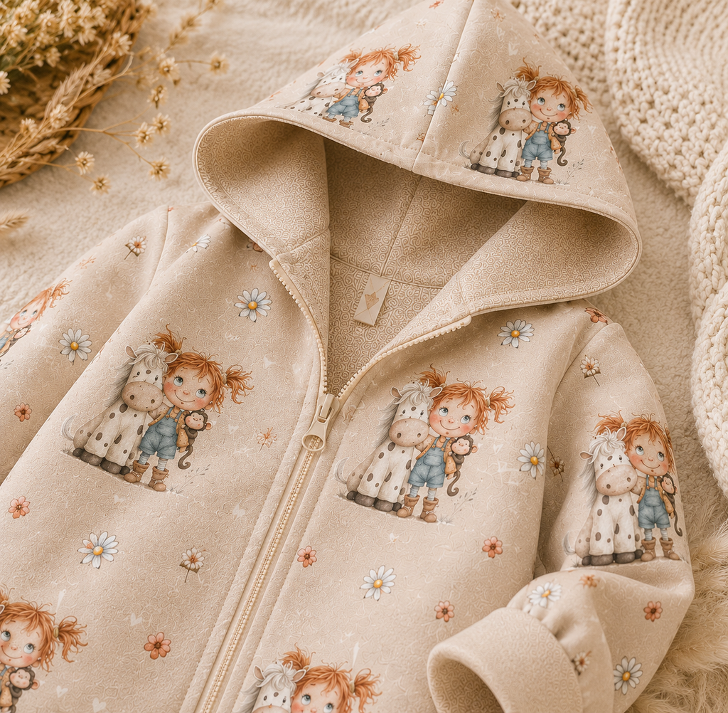 Kinder-Softshelljacke mit Kapuze von AnTalin, Pferdemädchen-Design, wasserabweisende Jacke für Kinder, detailreiche Optik