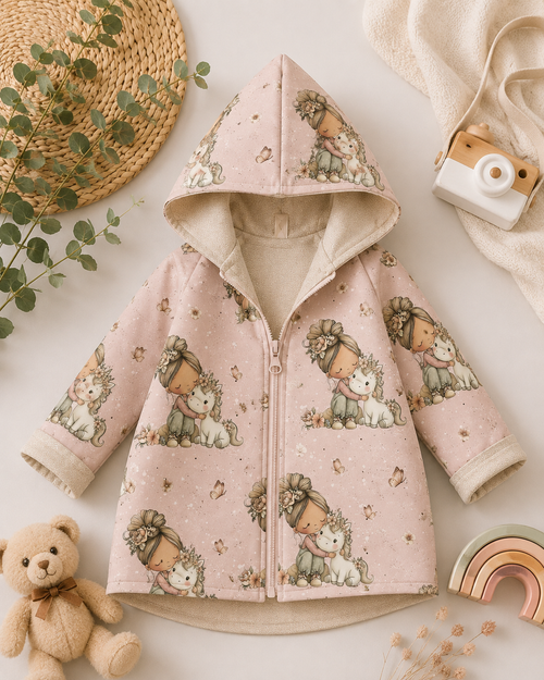 Kinder-Softshelljacke mit Kapuze von AnTalin im Ponyglück-Design, weiches Material und bunte Pony-Muster, ideal für Kinder.