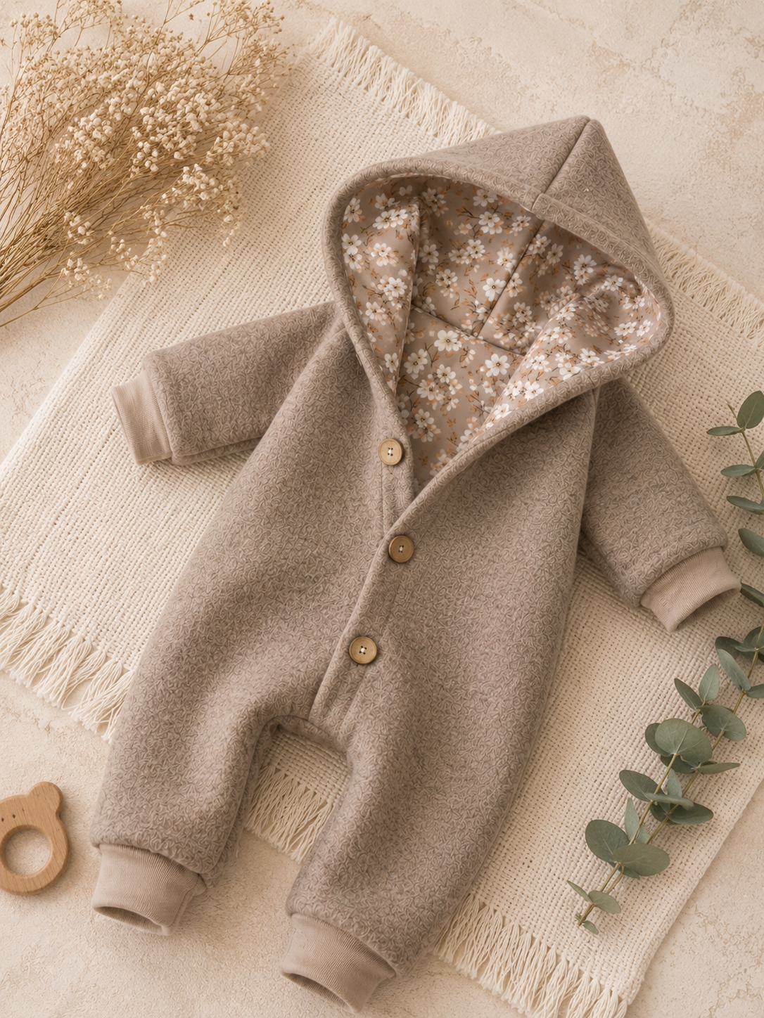 Walk Overall mit Kaputze - kuscheliger Einteiler mit floralem Innenfutter Vintage Blossom