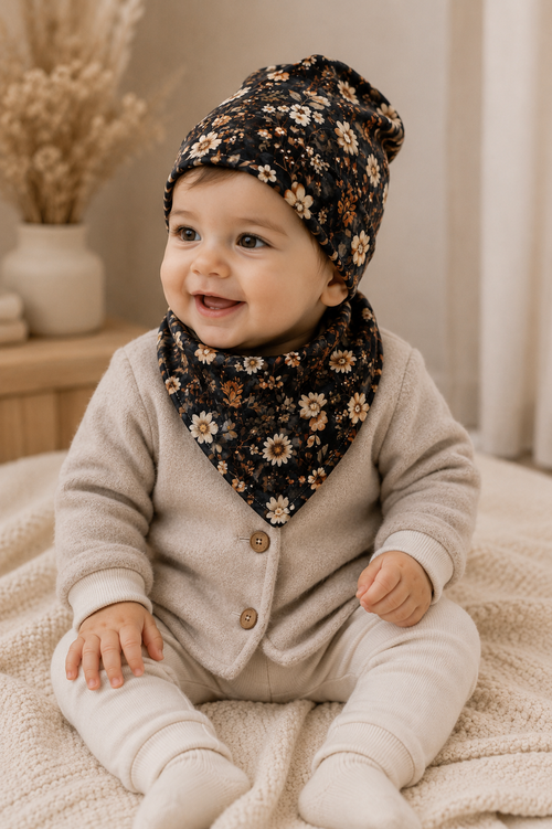 Handgefertigtes AnTalin Dreieckstuch für Babys mit floralem Midnight Meadow Design, weiche Baumwolle, bequem und stilvoll.