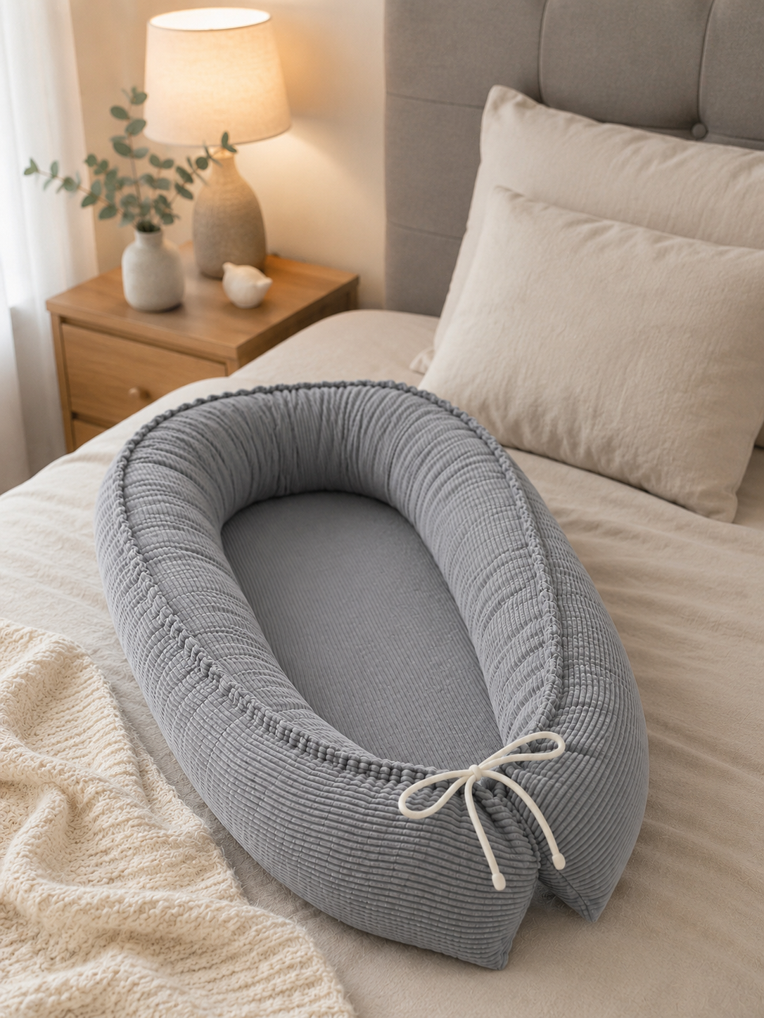 Graues Babynestchen von AnTalin, weiches Nestchen für Babys mit gepolsterten Seiten, bequem und sicher.