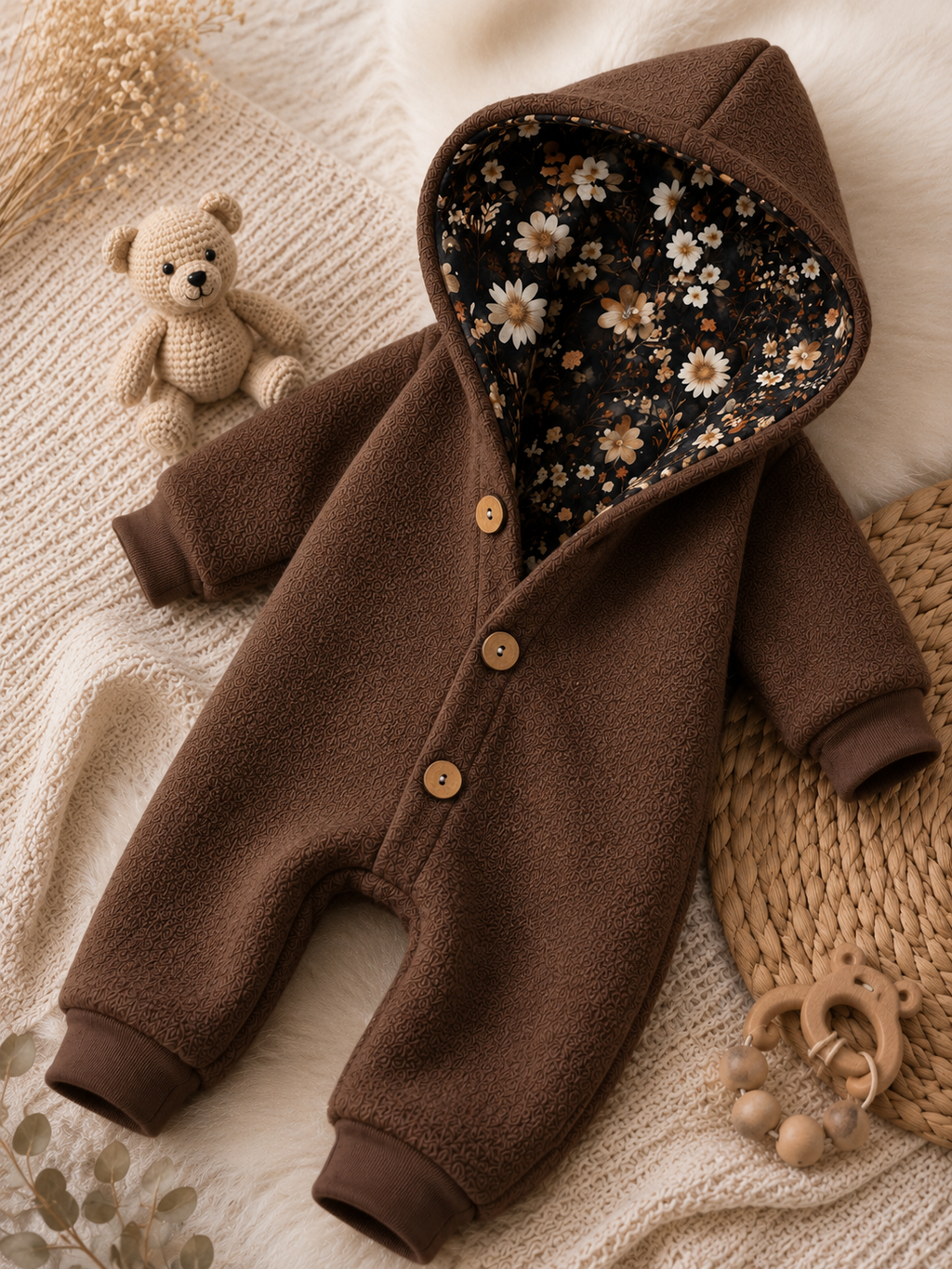 Walk Overall Midnight Meadow mit Kaputze - kuscheliger Einteiler mit floralem Innenfutter