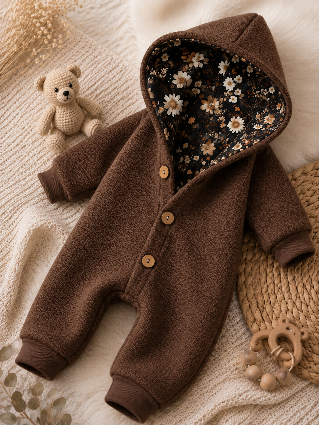Walk Overall Midnight Meadow mit Kaputze - kuscheliger Einteiler mit floralem Innenfutter
