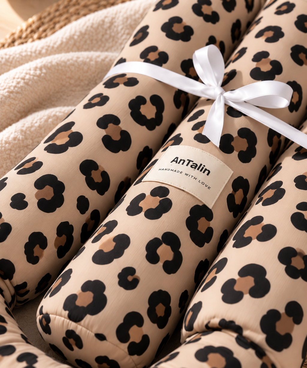Bettschlange beige mit Leopardenmuster - kuschelige Wickeltischumrandung fürs Baby