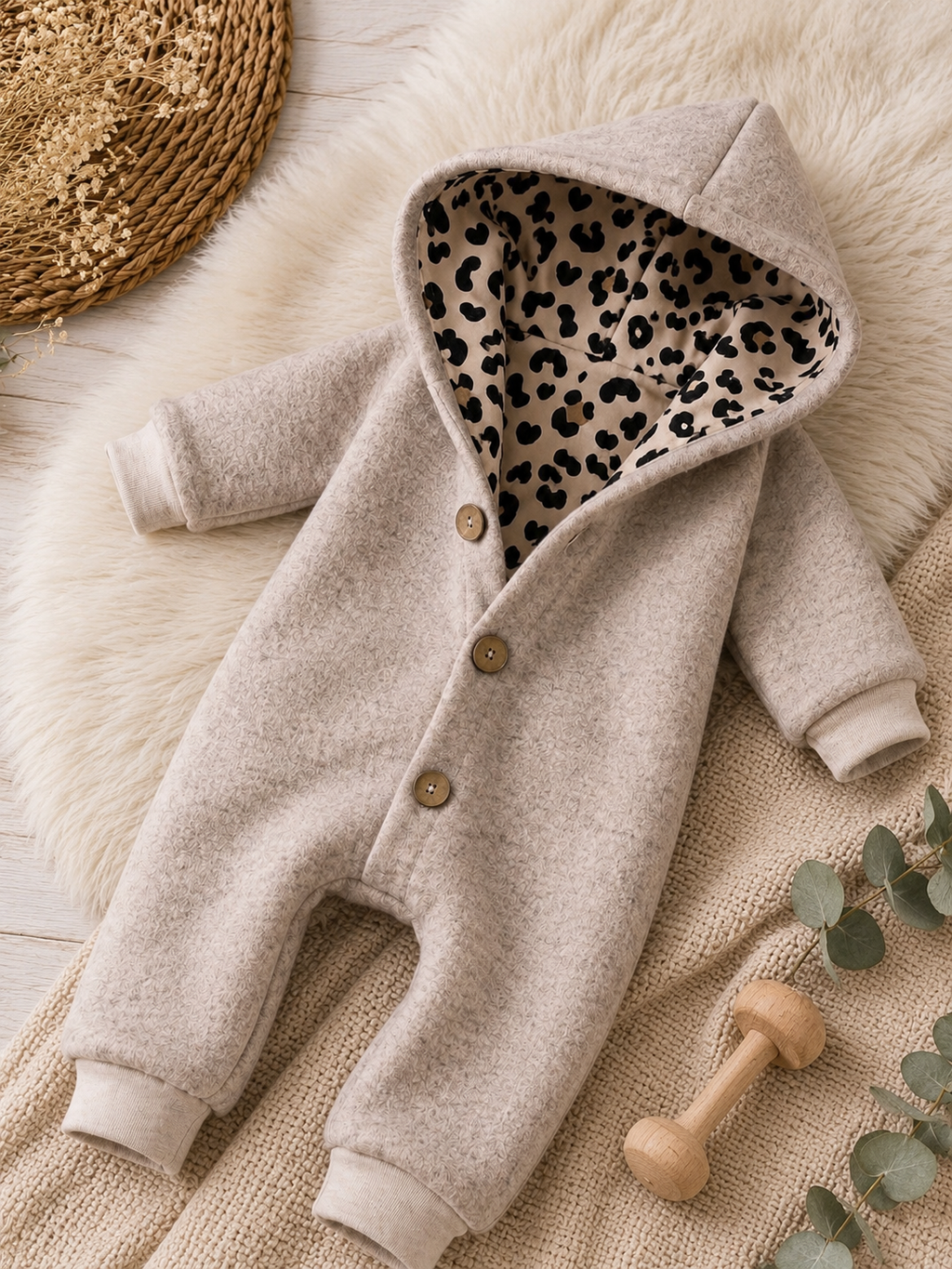 Walk Overall mit Kaputze - kuscheliger Einteiler mit Leo-Innenfutter beige