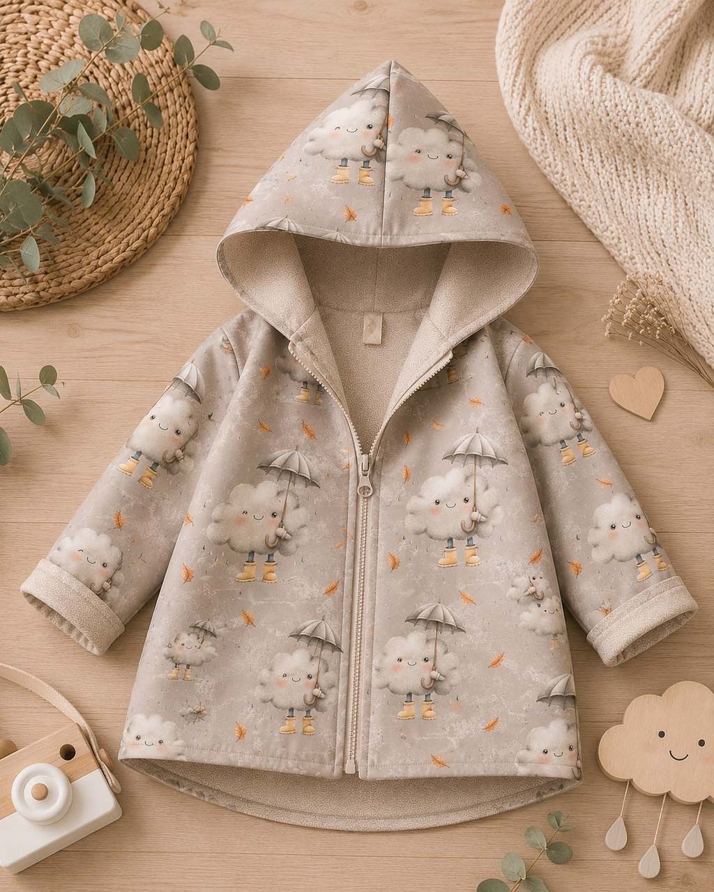 Kinder-Softshelljacke mit Kapuze von AnTalin, Herbstwolke, in bunten Herbstfarben, ideal für Kinder bei kühlem Wetter.