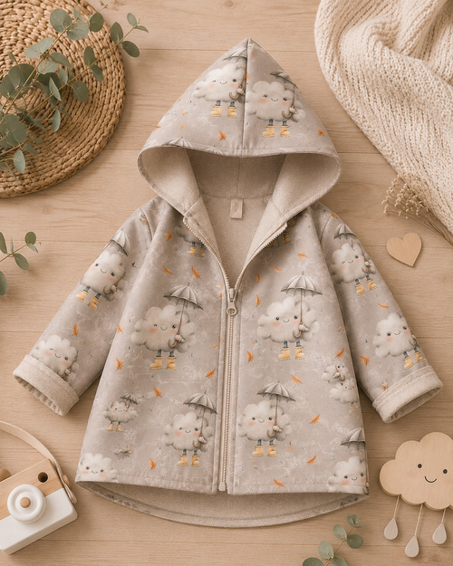 Kinder-Softshelljacke mit Kapuze von AnTalin, Herbstwolke, in bunten Herbstfarben, ideal für Kinder bei kühlem Wetter.