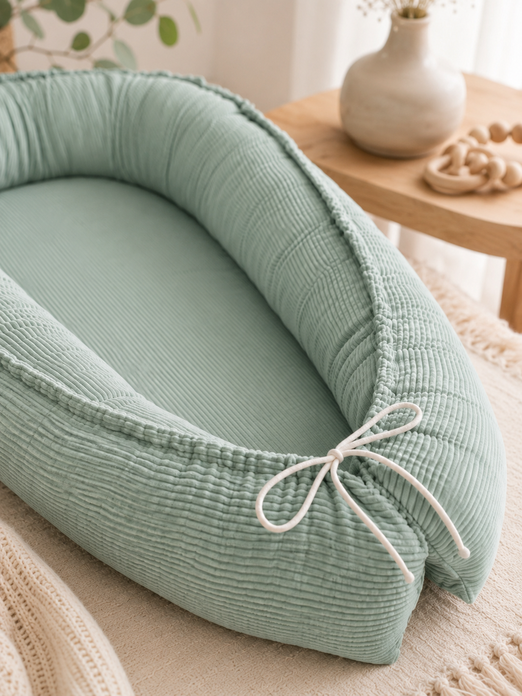 AnTalin Babynest Cord Mintgrün, weiches Nestchen mit gepolsterten Rändern für sicheren Babykomfort, auf heller Oberfläche.