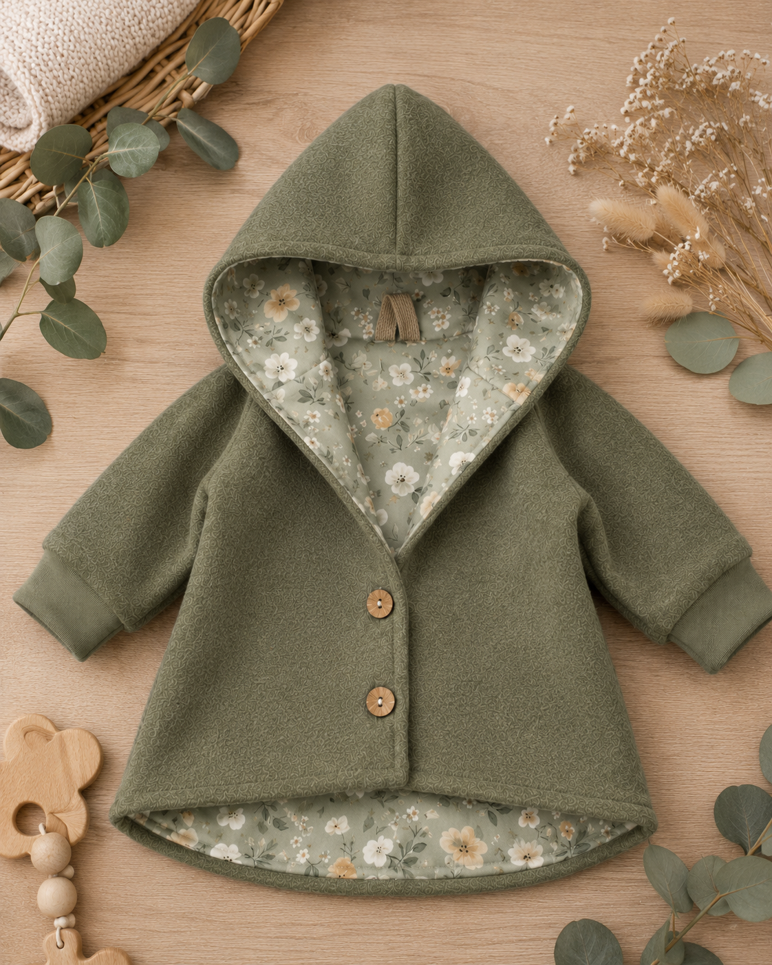 Walkjacke  mit Kaputze - gefütterte Walk-Jacke mit floralem Innenfutter Salbeiblüte