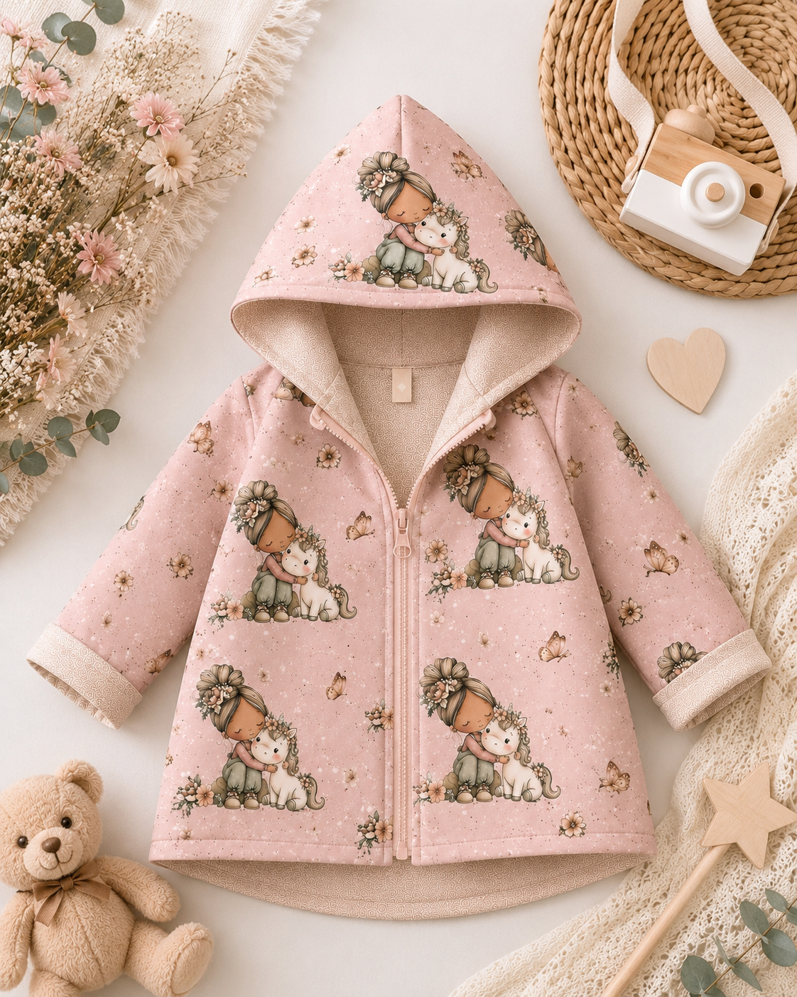 Bunte Kinder-Softshelljacke mit Kapuze von AnTalin, mit Pony-Design, aus weichem, wasserabweisendem Material, für Kinder.