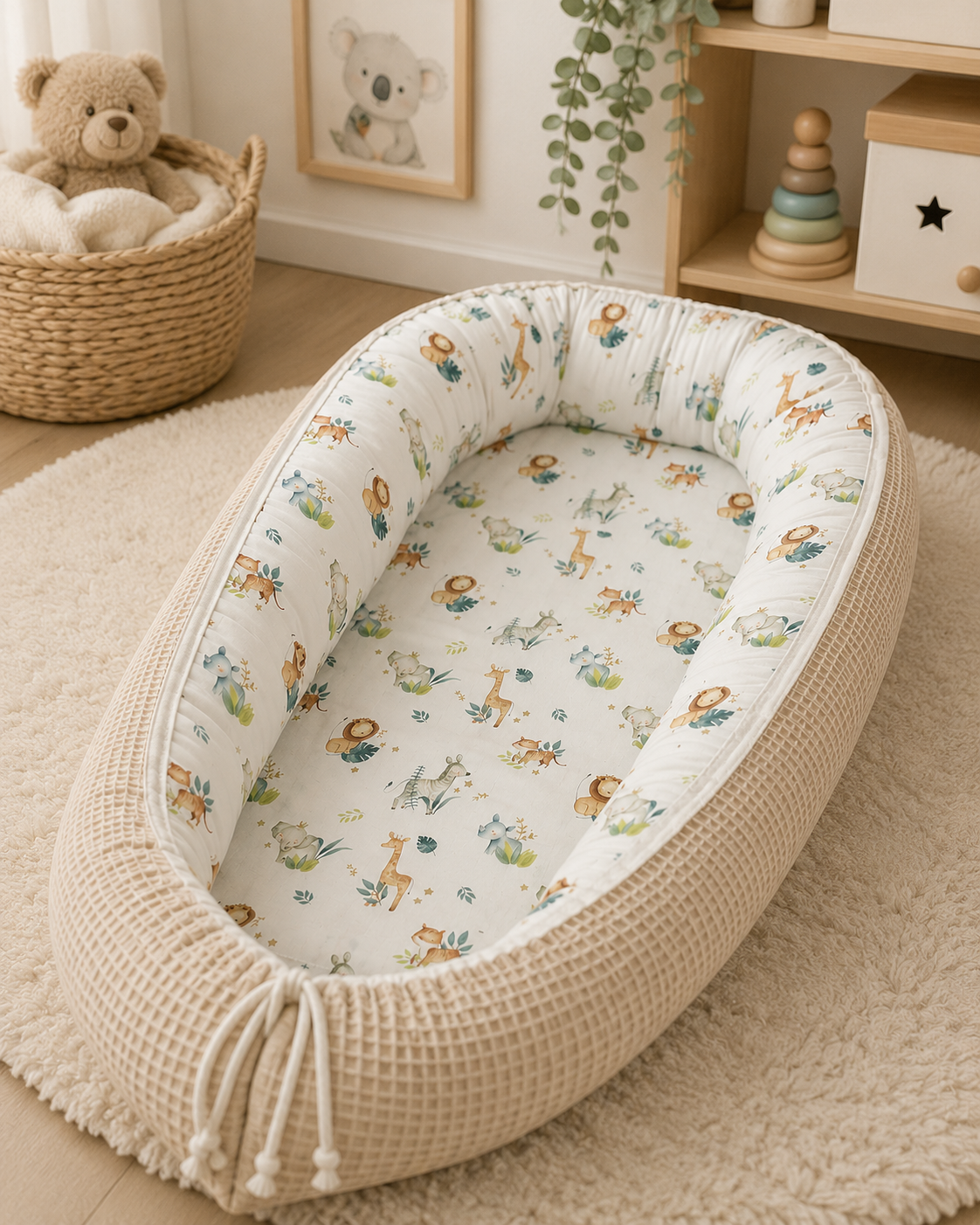 Nestchen Safari Liebe von AnTalin, weiches Nestchen mit Safari-Motiv für Babys, schützt und kuschelt im Kinderbett.