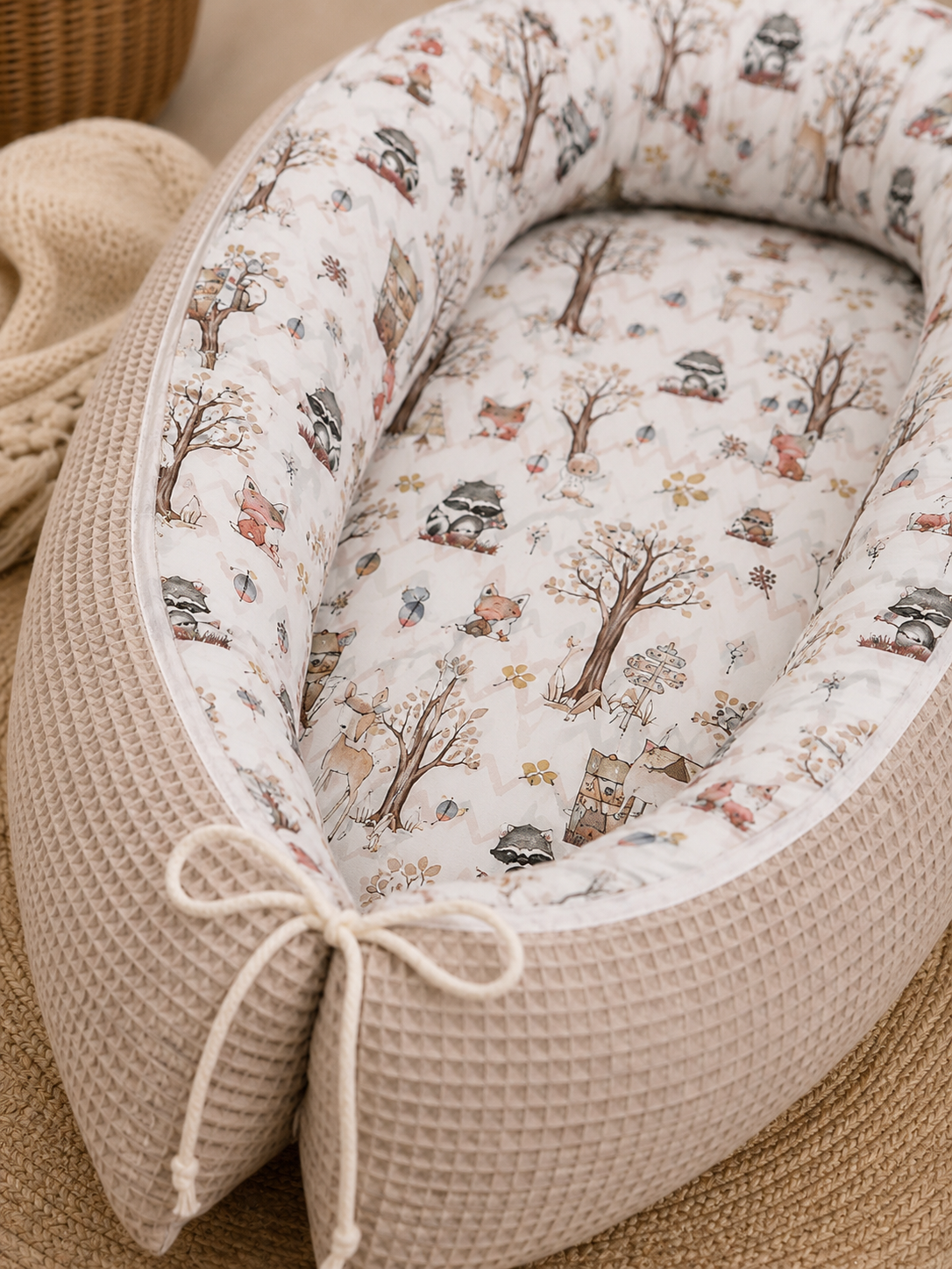 Nestchen Waldtiere von AnTalin, weiches Schutzkissen mit Waldtier-Motiven für Babys und Kleinkinder.