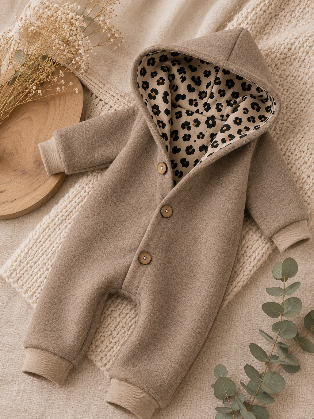 Walk Overall mit Kaputze - kuscheliger Einteiler mit Leo-Innenfutter beige