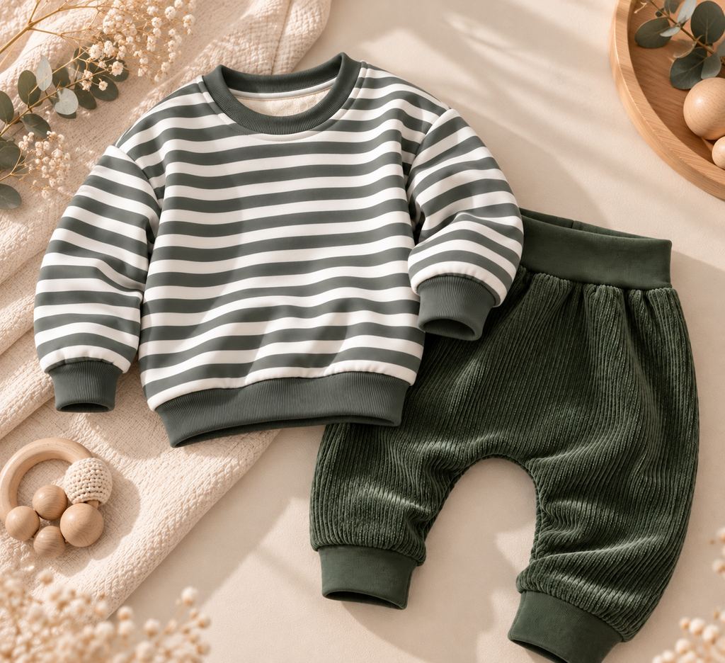 2-teiliges Set- Pullover & Hose olivgrün gestreift