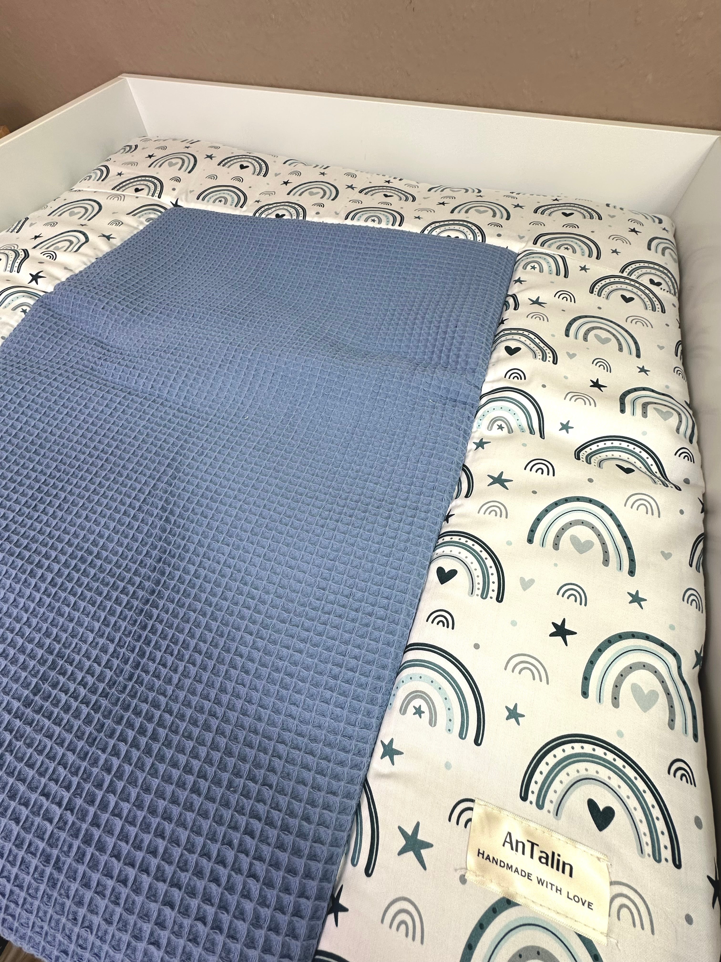 Wickelauflage Regenbogen blau 2, waffelpique jeansblau - AnTalin