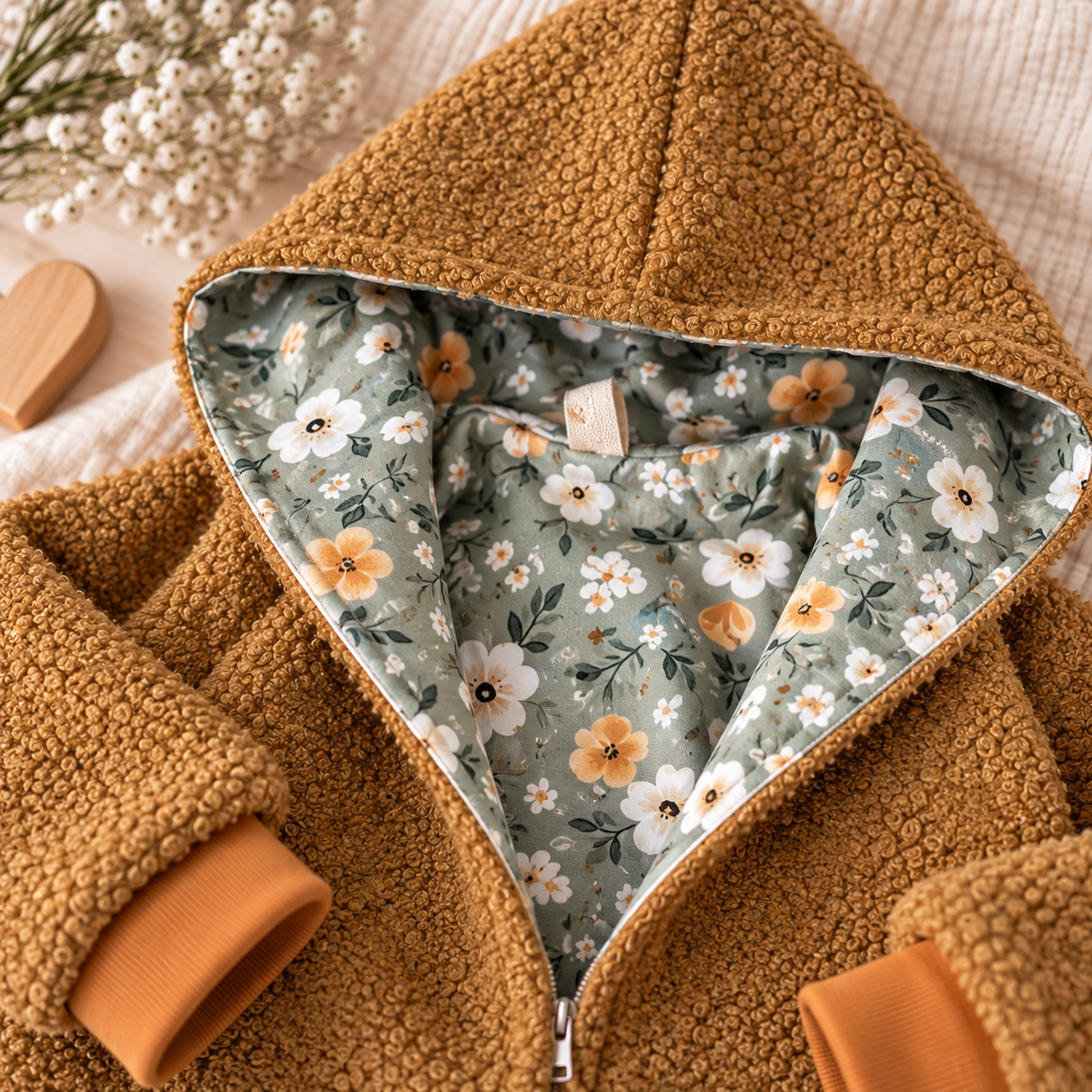 Boucle Jacke mit Kaputze, Salbeiblüte Ocker