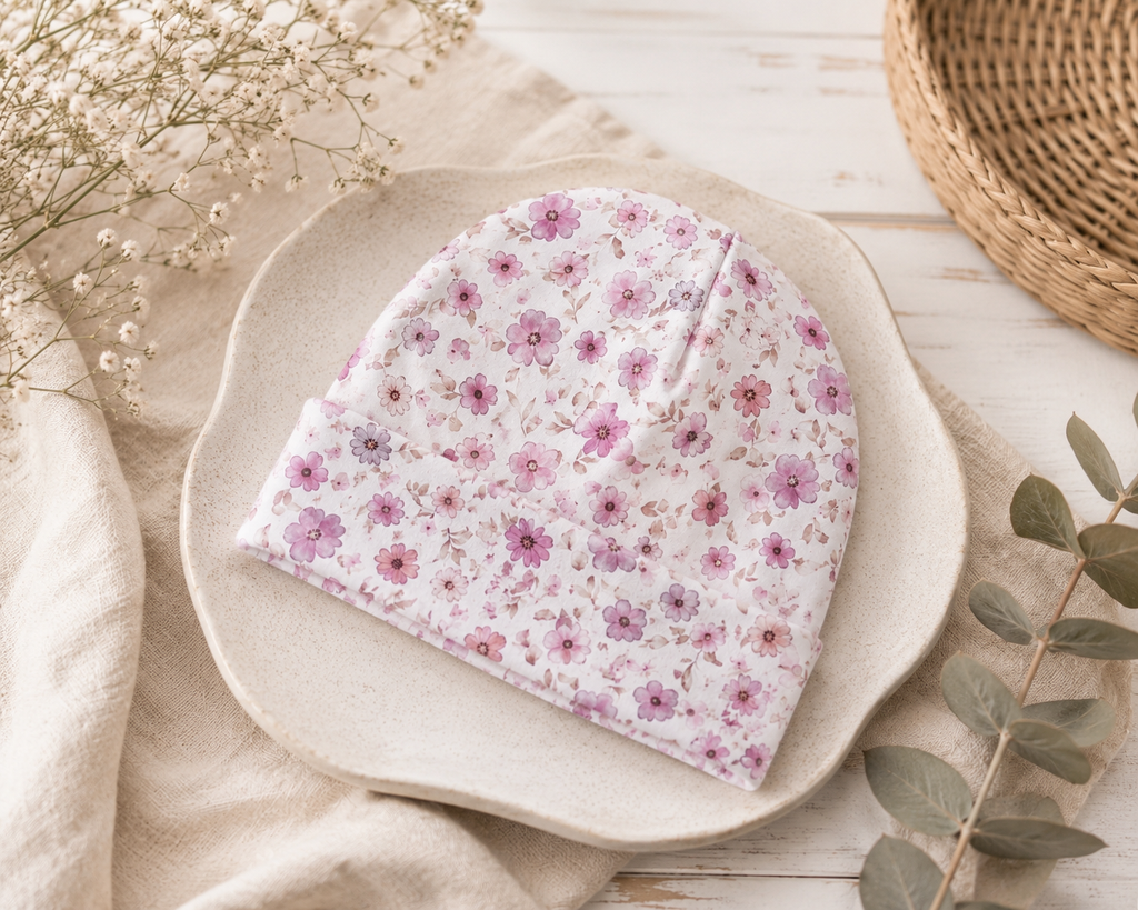 Baby Mütze Blütenhauch Rosa - Weiche Babymütze mit zartem Blumenmuster