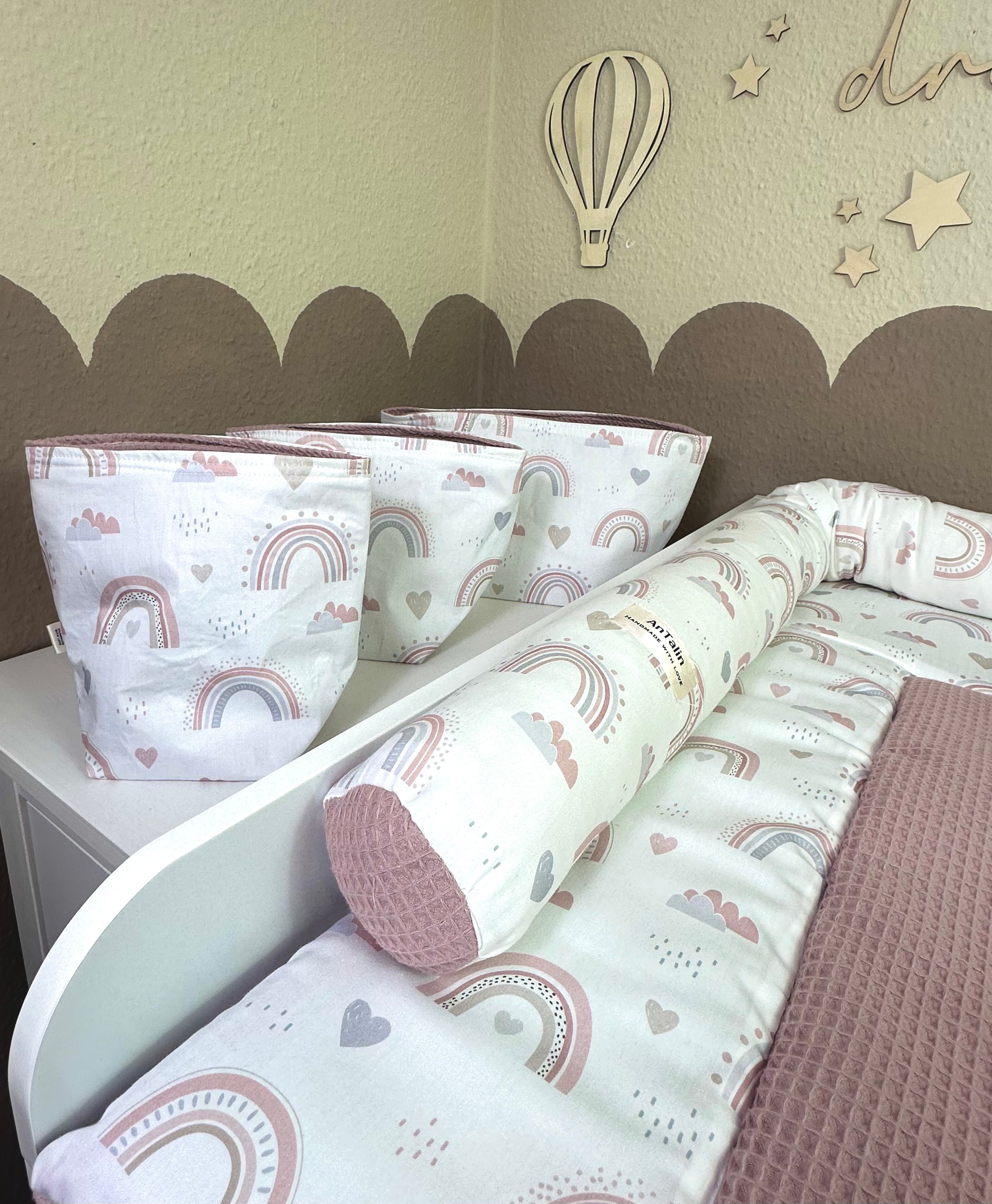 AnTalin Utensilo Regenbogen und Waffelpique altrosa, weiches Stoffdesign, perfekt für Küchen- oder Kinderzimmerorganisation