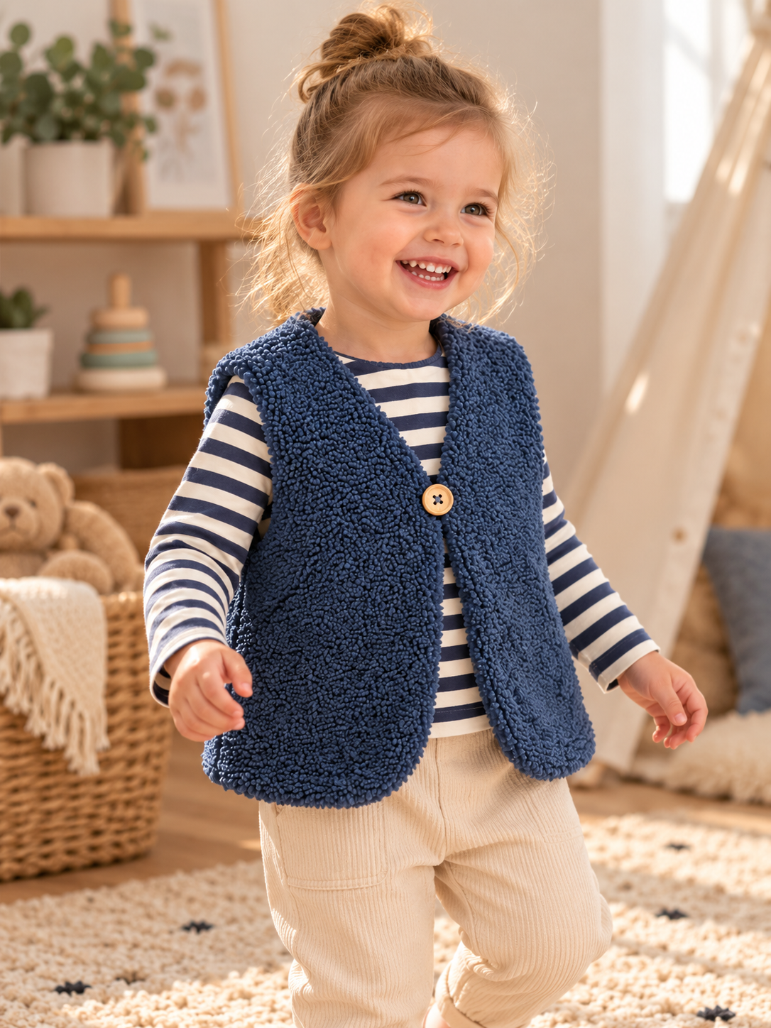 Teddyweste Blau gestreift für Kinder- kuschelig weich