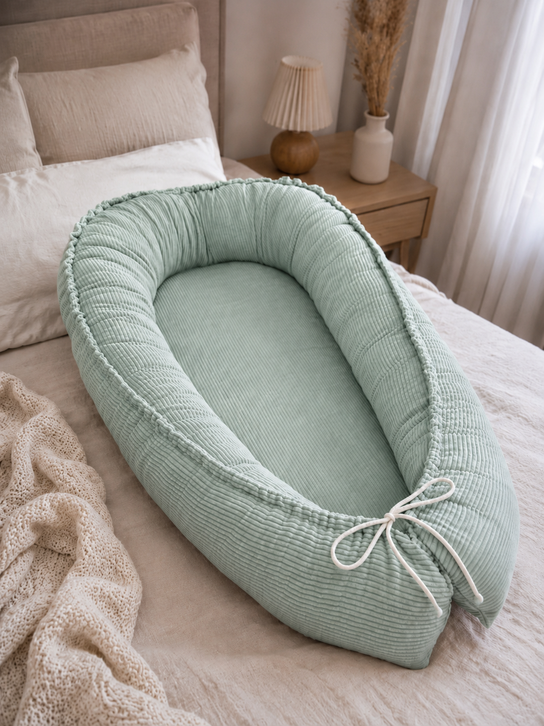 Babynest Cord Mintgrün von AnTalin, weiches Nestchen mit gepolstertem Rand für sicheren Komfort im Babybett