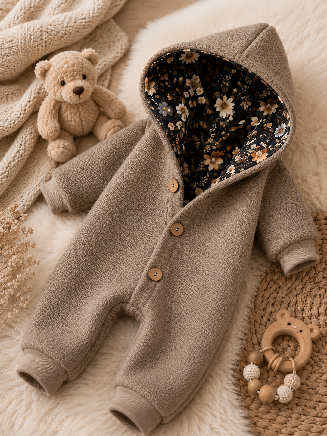 Walk Overall Midnight Meadow mit Kaputze - kuscheliger Einteiler mit floralem Innenfutter