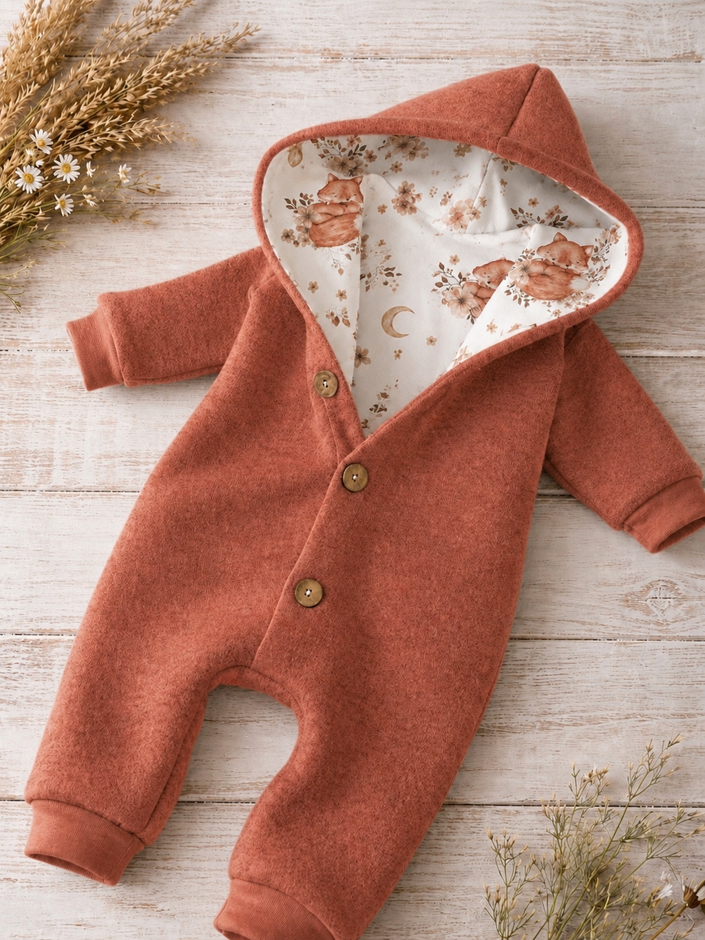 Walk Overall Boho Fox mit Kaputze - kuscheliger Einteiler mit Fuchs-Motiv