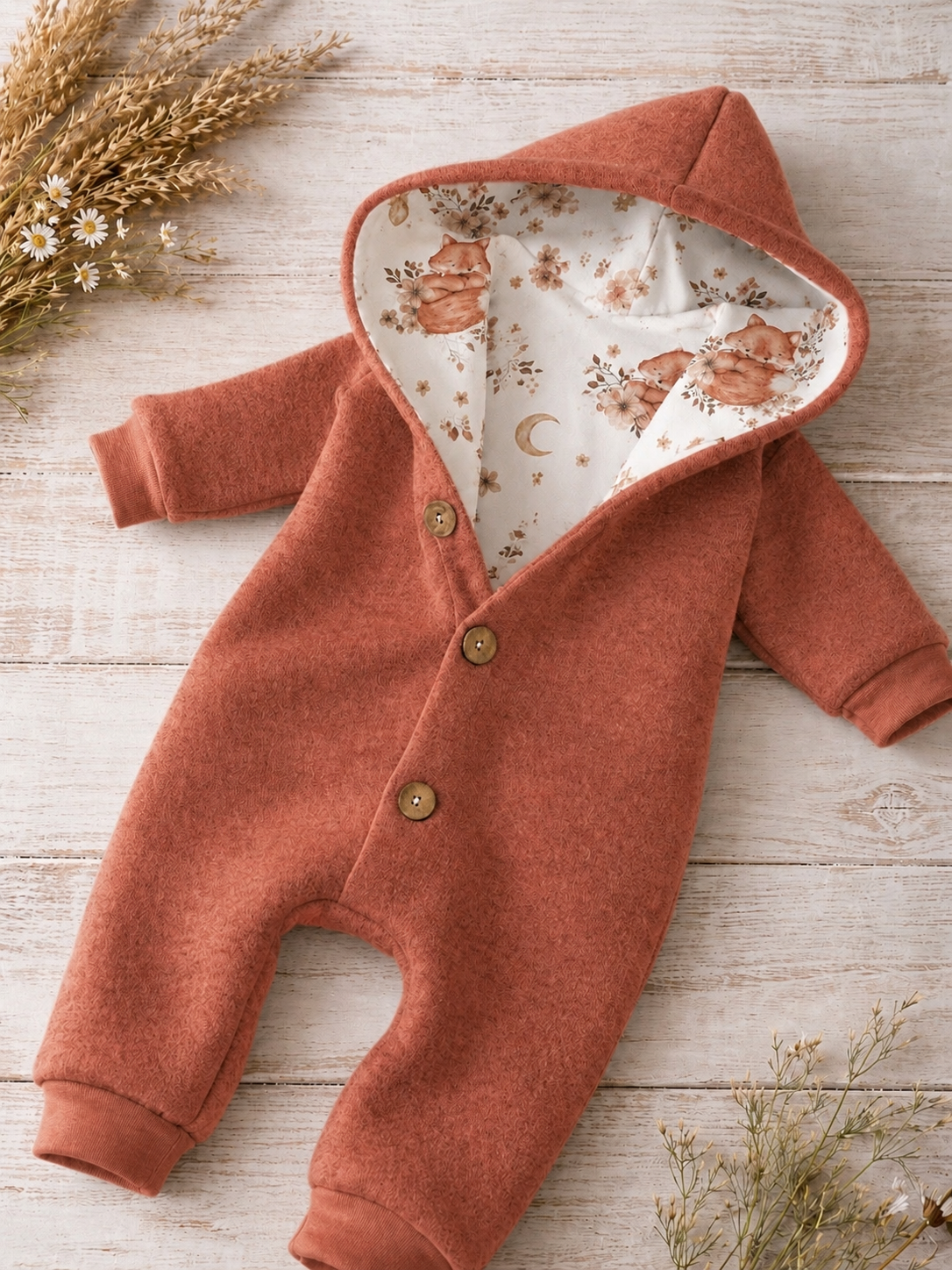 Walk Overall Boho Fox mit Kaputze - kuscheliger Einteiler mit Fuchs-Motiv