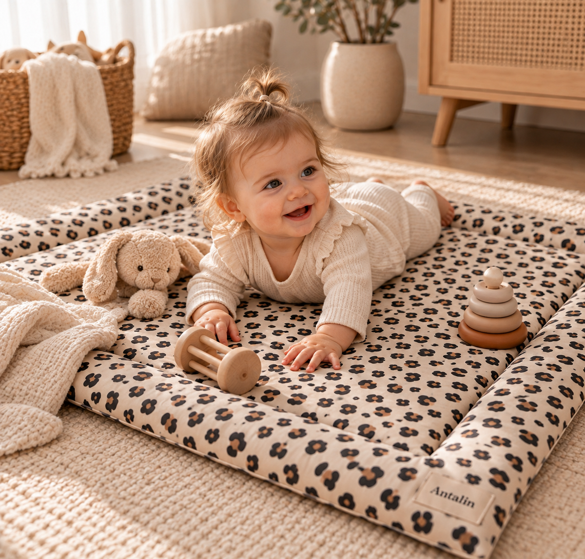 Krabbeldecke Leo Beige - weiche Baby Krabbeldecke mit Leomuster