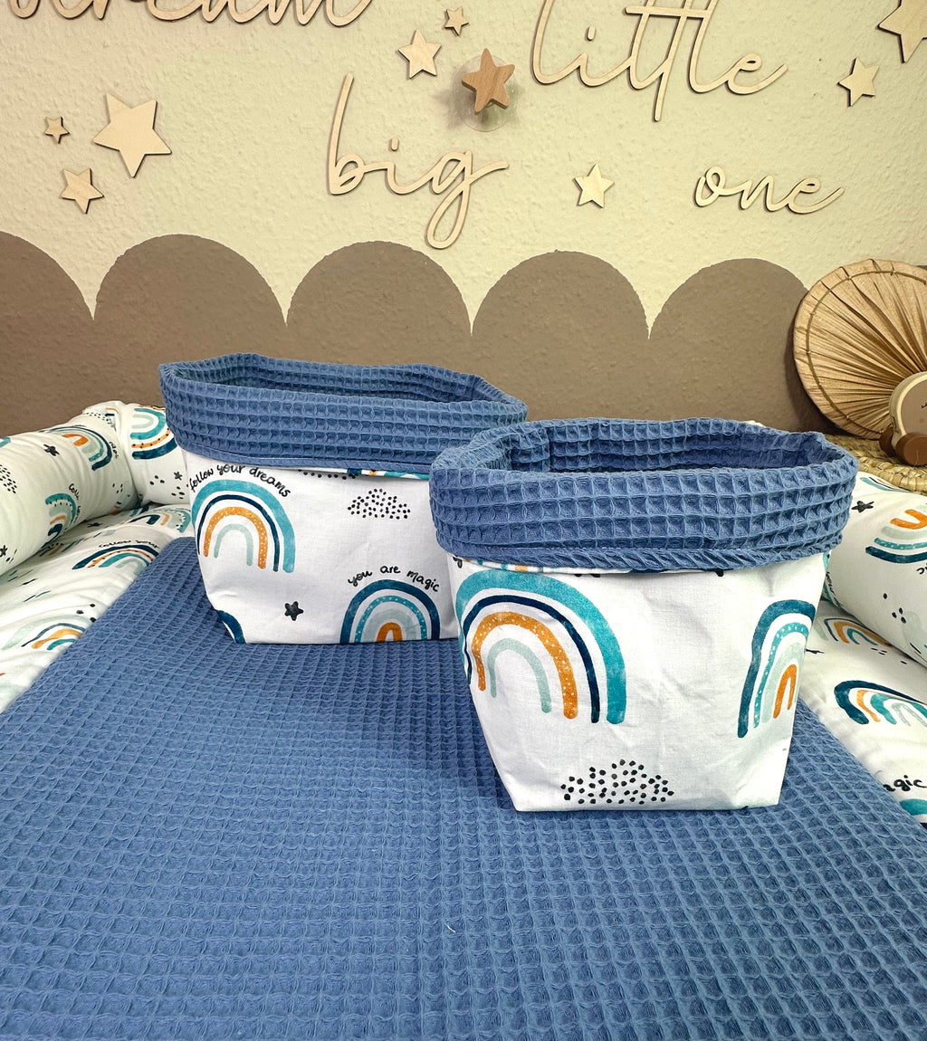 Wickelauflage Set 5-teilig Regenbogen blau, Waffelpique, Jeansblau, AnTalin, weiche Baby-Wickelunterlagen