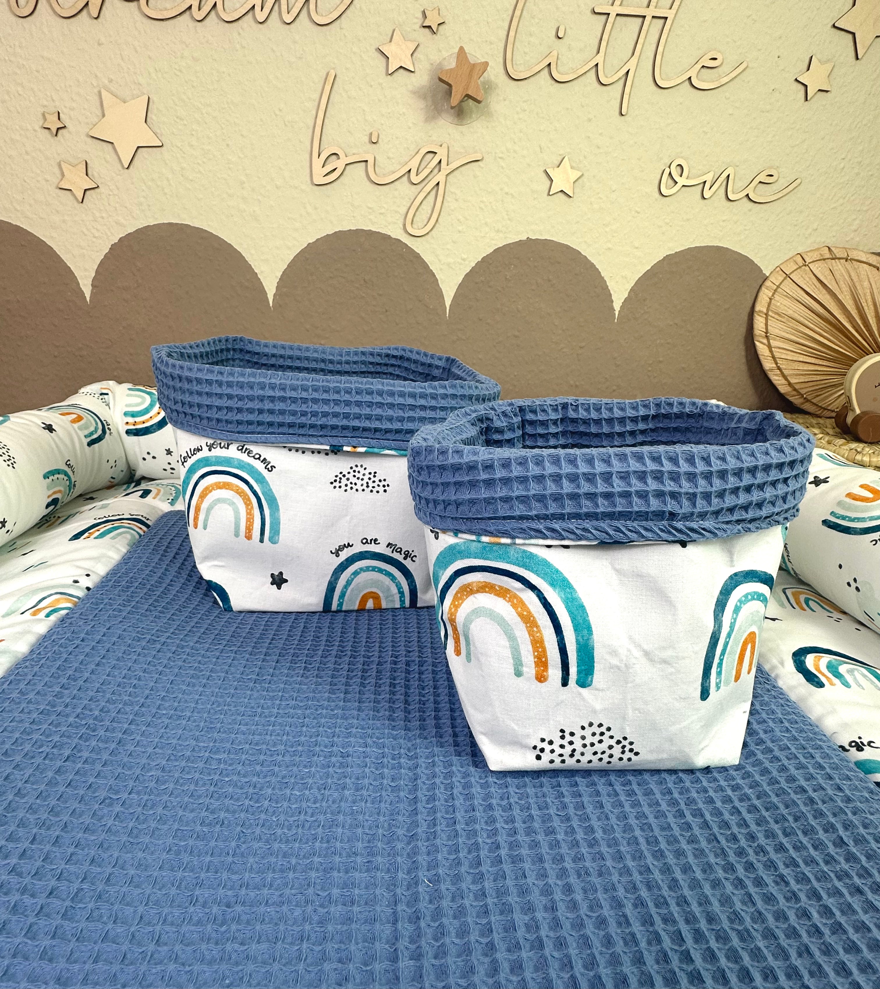 Wickelauflage Set 5-teilig Regenbogen blau, Waffelpique, Jeansblau, AnTalin, weiche Baby-Wickelunterlagen