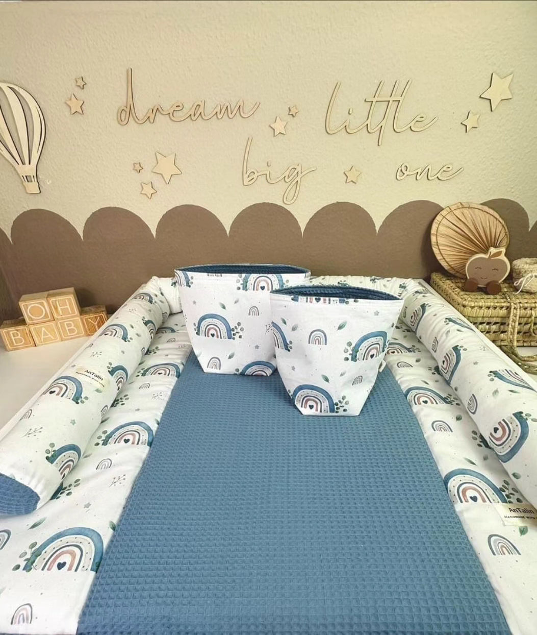 Wickelauflagen-Set 5-tlg. Regenbogen blau von AnTalin, Waffelpique Jeansblau, weiche, gepolsterte Wickelunterlagen für Babys