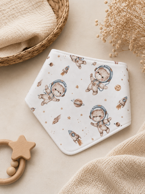 Handgefertigtes Dreieckstuch für Babys und Kleinkinder von AnTalin mit Space Teddy Astronauten-Bären, weiches Babyhalstuch