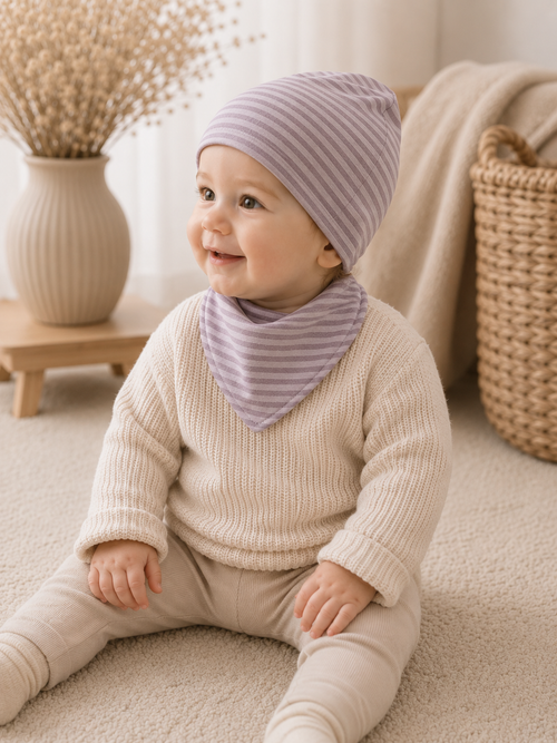 Halstuch aus Jersey mit Streifen beige - Handgefertigtes Dreieckstuch für Babys & Kleinkinder