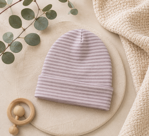 Beanie Mütze aus Jersey - Handgefertigte Baby-& Kindermütze Streifen beige